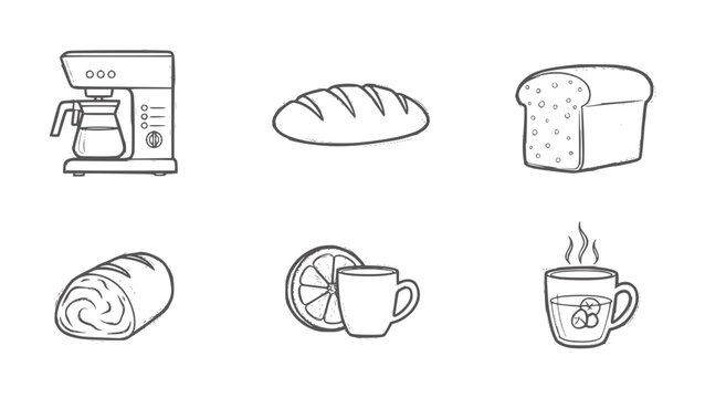 Coffee maker bread loaf sliced bread roll orange slice and hot drink