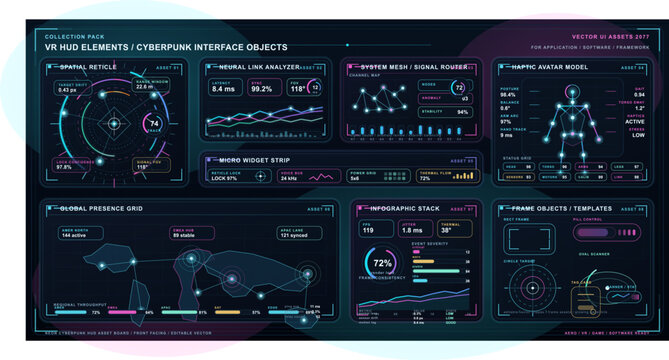 A collection of futuristic cyberpunk HUD elements and digital