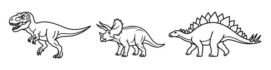 Simple Line Art Drawing of Prehistoric Dinosaur Trio for Coloring © arief