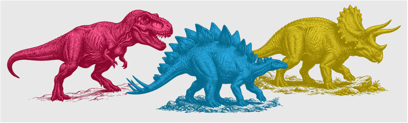 Colorful Silhouette Set of Tyrannosaurus Stegosaurus and Triceratops © arief