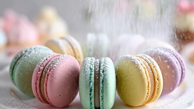 Assorted Pastel Colored French Macaron Cookies Dusted with Powdered Sugar on White Plate Close Up Delicious Pastries