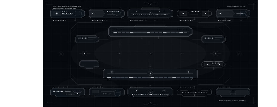 A collection of gray HUD header and footer elements for futuristic