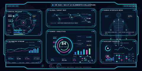 Fototapeta premium Futuristic sci-fi UI elements and VR HUD collection featuring a