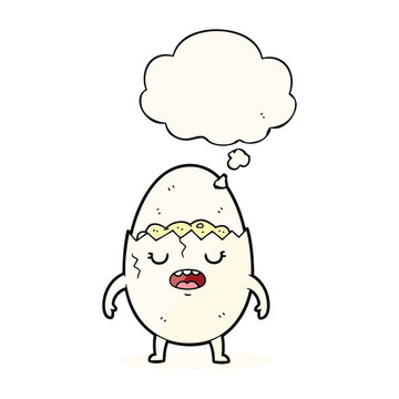 A cartoon illustration of a distressed, cracked egg character with a thought bubble above its head