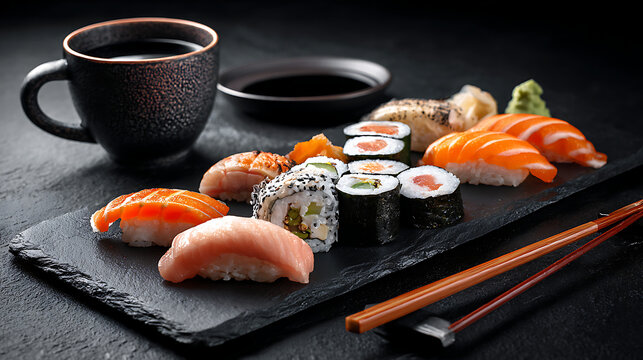 A plate of assorted sushi and sashimi on a black slate plate