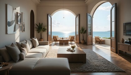 Fototapeta premium Luxurious Living Room with Ocean View and Arched Openings.