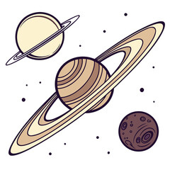 Vector illustration of planets and a moon in space with rings and craters © Rifat