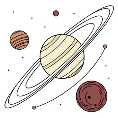 A detailed illustration of a planet with rings and moons in a cartoon style © Rifat