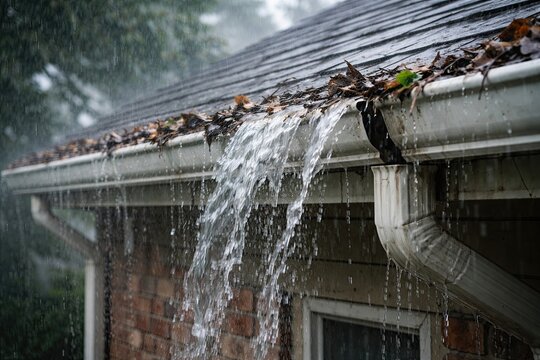  Heavy rain overflowing from a clogged roof gutter filled with autumn leaves. Home maintenance and water damage concept