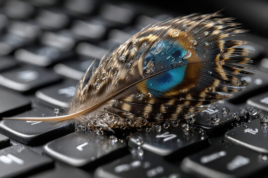 Colorful feather resting on a computer keyboard with droplets of water