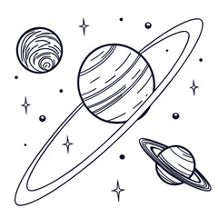 A line drawing of planets and stars in a cartoon style © Rifat