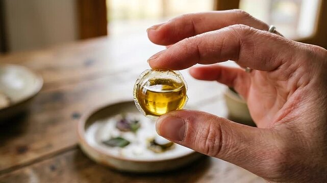 Compostable packaging oil pod held between fingers wooden table with ceramic dish herbs compostable packaging small oil cup condiment cup circular
