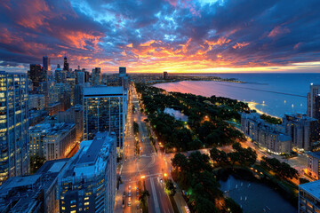 Fototapeta premium Chicago city skyline at sunset with lake and park