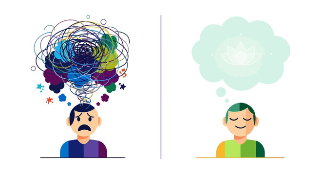 Illustration comparing a chaotic, stressed mind with a calm, clear mind in a thought bubble