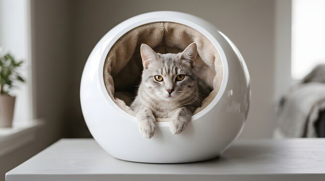 Gray tabby cat lounging in modern white pet bed indoors