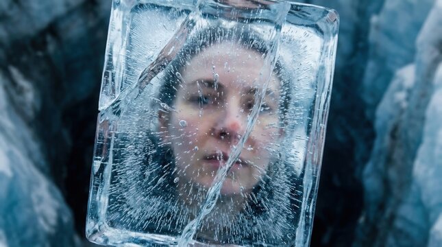 Womans face trapped behind a cracked and icy transparent block of frozen water in a cold environment with a blurred background