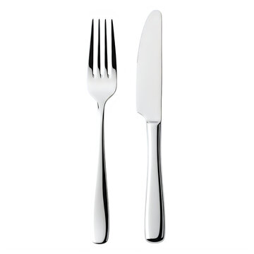 A silver fork and knife utensil set on a white background