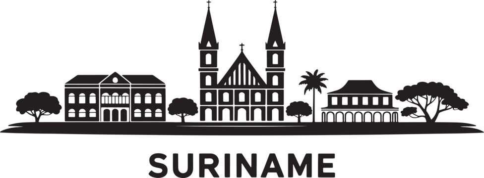 Silhouette of paramaribo suriname city skyline featuring prominent historical buildings