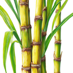 Fototapeta premium Detailed close-up of bamboo stalks with green leaves isolated on transparent background