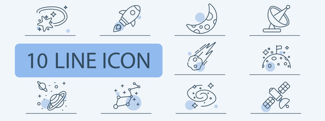 Space objects set icon. Star rocket moon satellite comet planet orbit galaxy constellation telescope astronomy universe exploration science. © Anastasia