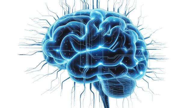 A glowing blue human brain integrated with complex electronic circuitry and digital network lines Vector