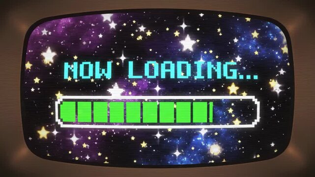 Retro Television Screen Displays Pixelated Now Loading Bar Over Cosmic Starfield Background Animation