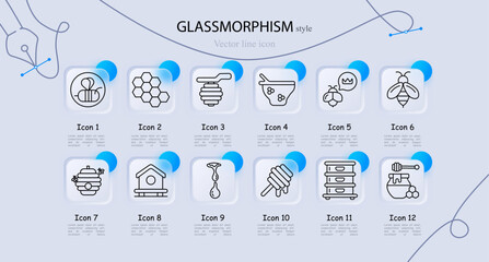Beekeeping honey set icon. Bee insect flower, honeycomb cells, hanging beehive, honey bowl dipper, queen bee crown, worker bee insect, hive colony, wooden beehouse, honey drop nectar © Anastasia