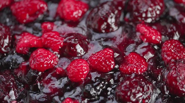 Shimmering mixed berry filling detailed view, Closeup of glossy berry preserve with seeds visible, Vivid image showcasing sparkling berry jam with juicy seeds concentration