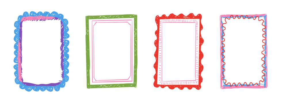 Kid frame crayon box, textured whimsical wax pen border set. Playful frames for kids kindergarten, preschool, school designs, text areas and creative layouts.