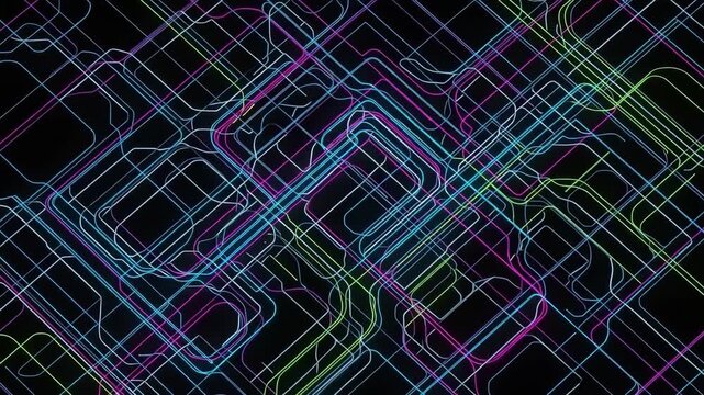 Glowing colorful geometric lines and circuits on a dark background creating an abstract digital technology pattern