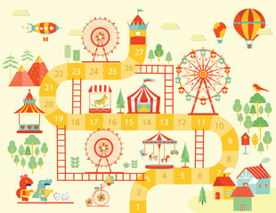 World tour board game template,Funny frame, ladders game,Ferris Wheel colorful from amusement park,Vector illustrations. © issaystudio