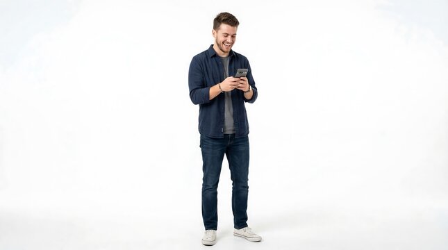 A young man in casual clothing smiling while using his smartphone on a plain white background