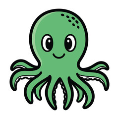 Fototapeta premium A cute and friendly green cartoon octopus with a cheerful smile and eight tentacles