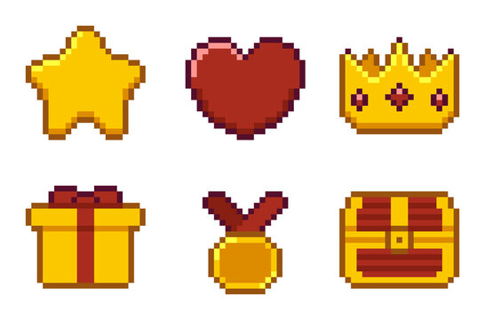 8-bit pixel art gold and red RPG game icon set