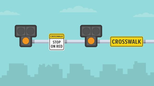Safe driving tips and traffic regulation rules. High intensity activated crosswalk (hawk) signal guide. Horizontal animation video template.