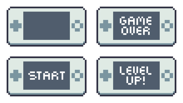 8-bit pixel art game console screen phrase set