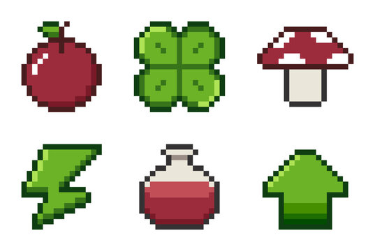 8-bit pixel art red and green game icon set