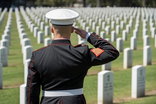 Marine officer salutes rows of white gravestones at cemetery