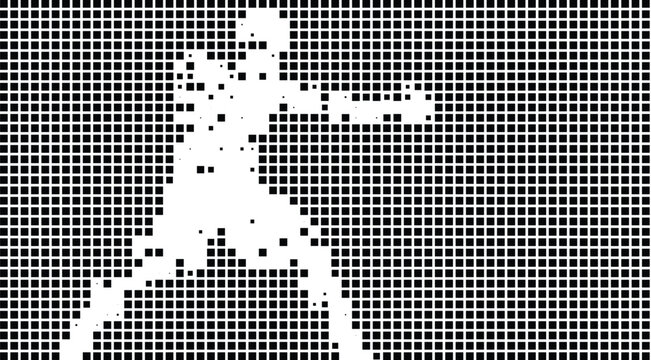 A black and white pixelated image of a face