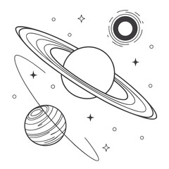 A line drawing of planets and stars in space with a large ringed planet and smaller planets © SHARI