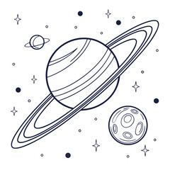 Vector illustration of a planet with rings and moons in space © Ki