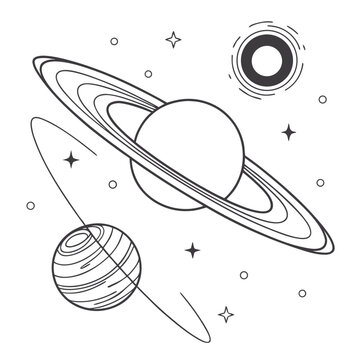 A line drawing of planets and stars in space with a large ringed planet and smaller planets