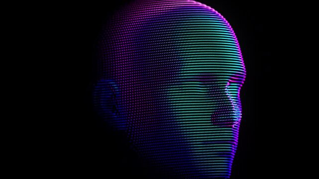 Digital human head made of glowing particles smoothly turns towards the camera. Abstract concept of artificial intelligence, machine learning and digital identity verification. Slow motion, 4K looped