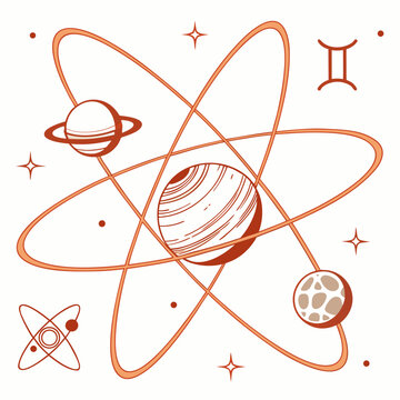 Vector illustration of planets and stars in an atomic structure with zodiac symbol
