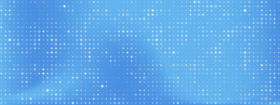 Healthcare plus pattern vector background. White and blue crosses in diagonal wave on soft gradient, symbolizing medical, hospital, pharmacy, and science backdrop.