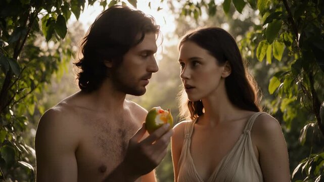 Adam and Eve in the Garden of Eden with the forbidden fruit. Biblical couple standing among lush green foliage. Scene from the book of Genesis. Creation and temptation concept
