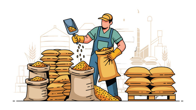 Farmer at Work: A diligent worker meticulously fills burlap sacks with grain, showcasing the harvest's bounty amidst the backdrop of silos and machinery