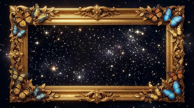 Ornate gold frame with butterflies and golden leaves surrounding a cosmic starry sky background and shining stars