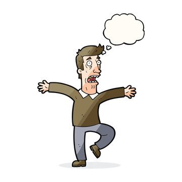 A cartoon illustration of a distressed man with wide eyes and open mouth, flailing his arms in a panic with a thought bubble above his head