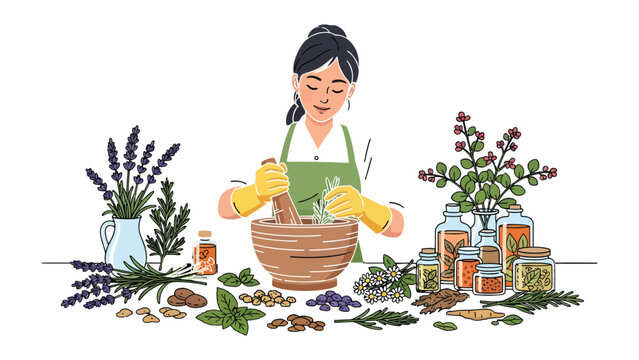 Botanical Alchemy: A woman is immersed in the art of herbal preparation, diligently grinding botanicals in a wooden mortar amidst a colorful array of herbs. 